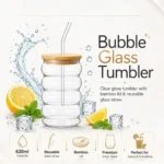 Bubble glass tumbler with bamboo lid and reusable glass straw, 330ml iced coffee cup for smoothies, juice and cold drinks
