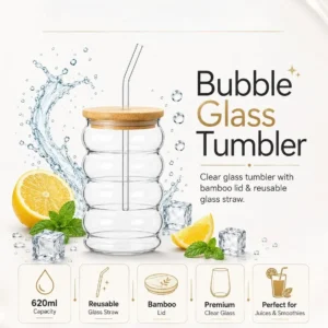 Bubble glass tumbler with bamboo lid and reusable glass straw, 330ml iced coffee cup for smoothies, juice and cold drinks