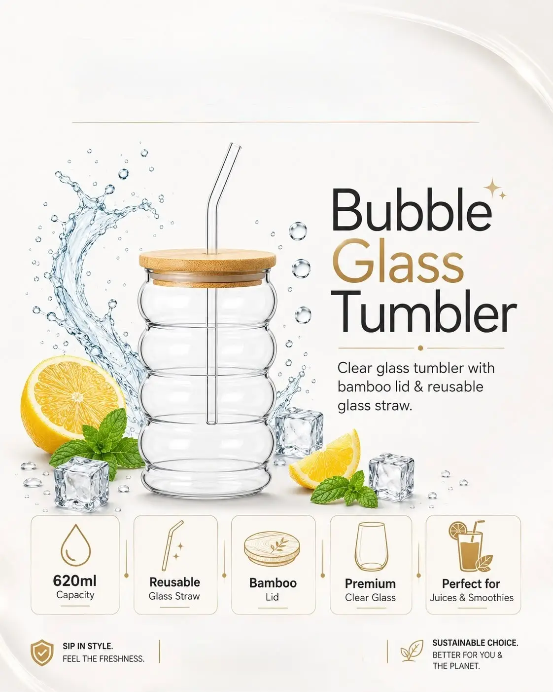 Bubble glass tumbler with bamboo lid and reusable glass straw, 330ml iced coffee cup for smoothies, juice and cold drinks